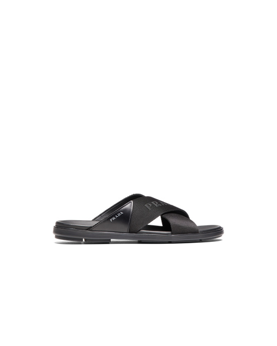 Prada Brushed Lær And Nylon Tape Crisscross Slides Svarte | DCJBXR698