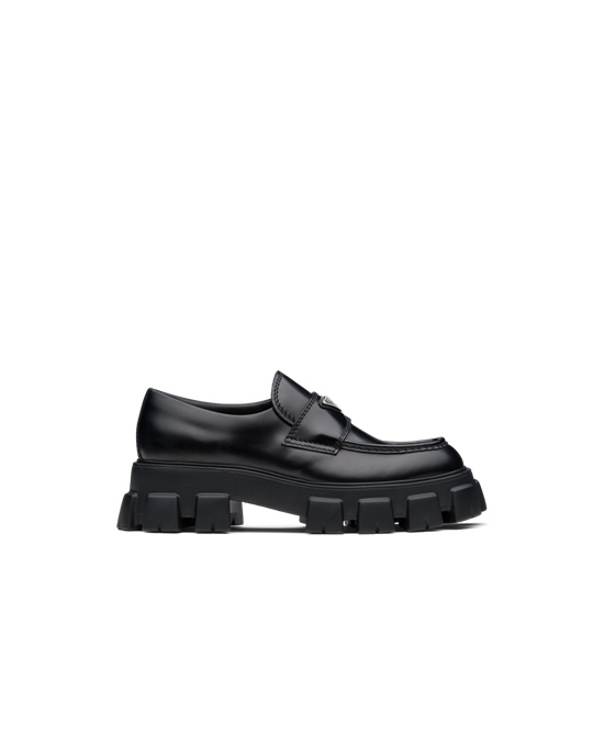 Prada Monolith Brushed Lær Loafers Svarte | 706-GMSYDZ